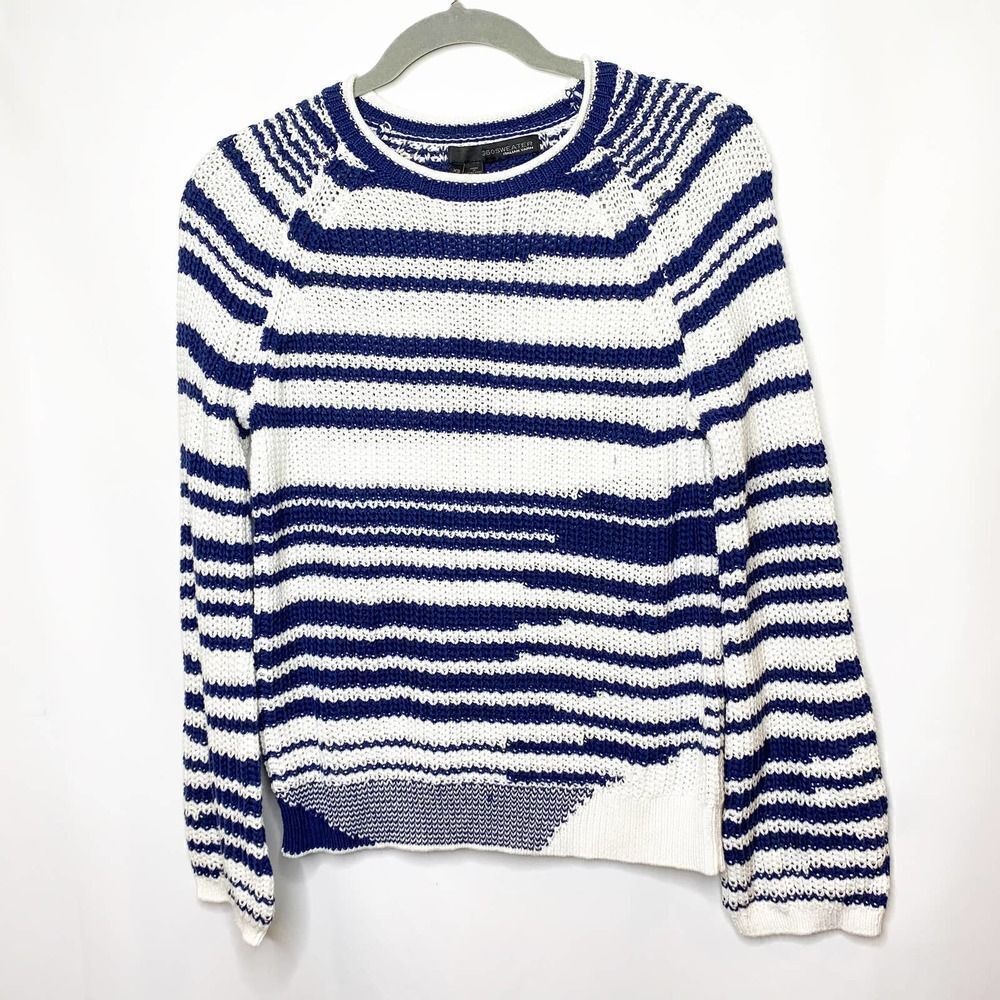 360 Sweater Womens XS Blue Stripe Crew Neck Preppy Coastal New Knit Cotton